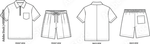 Technical sketch of men’s polo shirt and shorts set — front and back views for fashion design, garment construction, and apparel specification illustrations