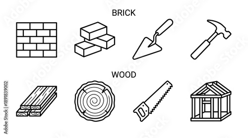 Minimalistic Vector Line Icon Set of Building Materials and Construction Tools Featuring Brick Wall, Bricks, Trowel, Hammer, Wood Planks, Log Cross Section, Hand Saw, and Timber House Frame