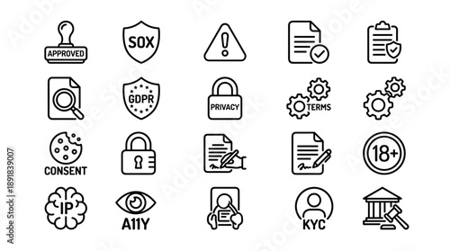 Professional Legal Compliance and Data Privacy Line Icon Set featuring GDPR, SOX, KYC, IP, A11Y, Terms, Consent, Age Restriction, Audit, and Regulatory Symbols for Modern UI UX Design and Business