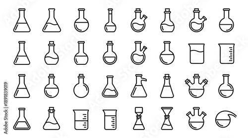 Comprehensive Collection of Laboratory Glassware Line Icons Featuring Chemistry Flasks, Beakers, Funnels, and Scientific Equipment in a Minimalist Vector Style for Research and Education.