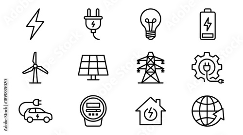 Minimalist Energy and Electricity Line Icon Set featuring Renewable Power Symbols like Solar Panels, Wind Turbines, Electric Car Charging, Battery, Light Bulb, and Power Grid Infrastructure.
