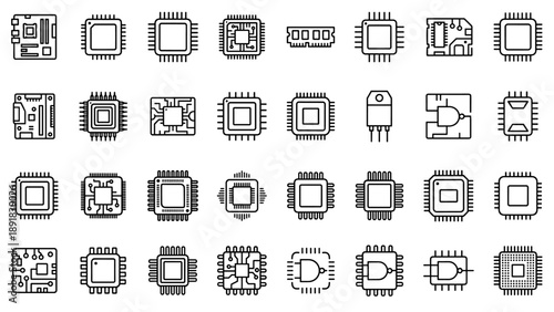 Comprehensive Set of 32 Minimalist Circuit Board and Microchip Line Icons. Featuring CPU Processors, RAM, Motherboards, and Electronic Components. Clean Vector Illustration for Tech and Hardware.