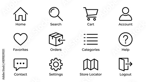 Minimalist vector set of online store navigation line icons for e-commerce UI design with home, search, cart, account, favorites, orders, categories, help, contact, settings, store locator, logout.