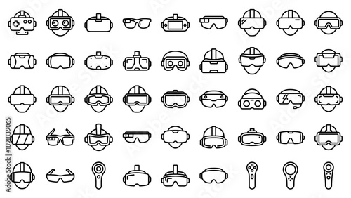 VR and AR Headset Line Icon Set, Minimalist Virtual Reality and Augmented Reality Icons for Gaming and Technology, Collection of Smart Glasses, Headsets, and Controllers on White Background