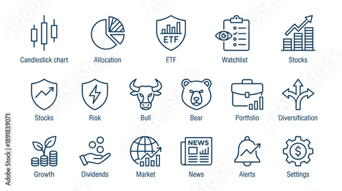 Set of 16 minimalist thin line icons for stock market investing, financial trading, and wealth management. Features bull, bear, candlestick chart, ETF, portfolio, dividends, and risk management.