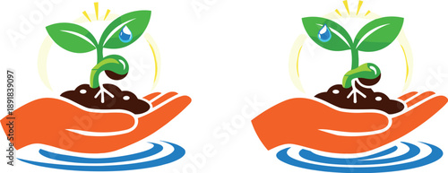 Two-Color vector icons of seed sprouting in hand: open palm arc, sprouting seed curl, tiny root line, leaf pair tip, soil bead,