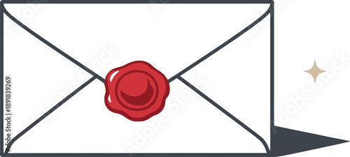 Minimal envelope with wax seal and one tiny sparkle dot accent nearby, positioned in the right third for copy space, calm Japandi