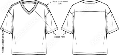 Short-sleeved shirt technical drawing vector, front and back view with V-neck, ribbed trim, and double-stitched seams