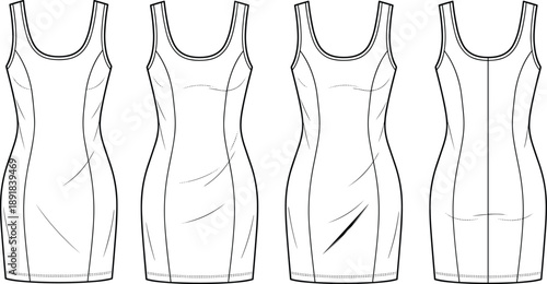 Sleeveless fitted dress technical drawing vector set, front and back views with princess seams and dart variations