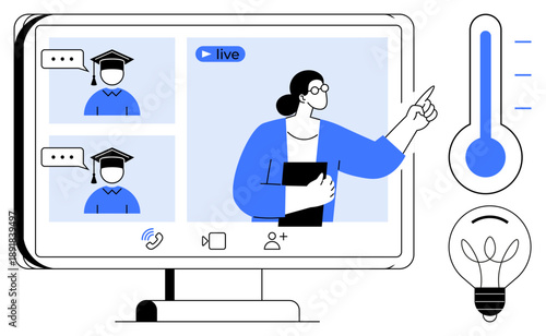 Online learning, virtual classrooms, remote teaching, digital communication, knowledge sharing, education platforms. Teacher instructing students on video call. Online learning and virtual classrooms