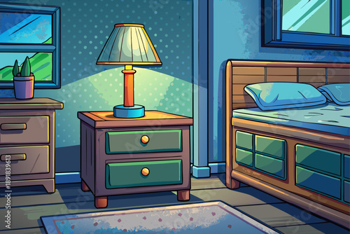 Realistic nightstand near bedroom with wall lamp under soft and dim light. Clean and modern minimalist design. Neat and calm details.