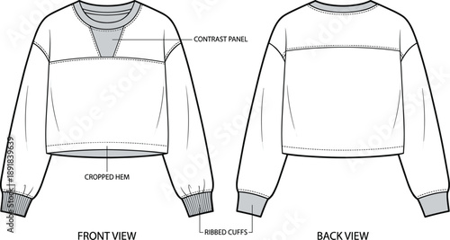 Technical sketch of cropped sweatshirt with contrast panel and ribbed cuffs — front and back views for fashion design and garment construction
