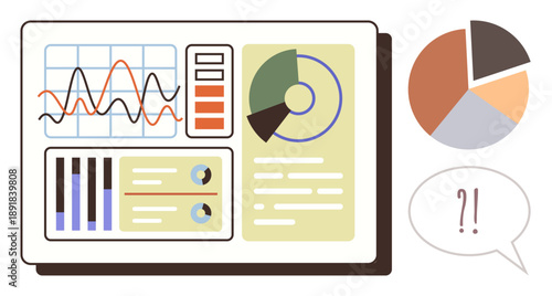 Business analytics, data visualization, project management, marketing, reporting, decision-making. Dashboard with pie charts, line graphs and metrics. Data visualization and business analytics