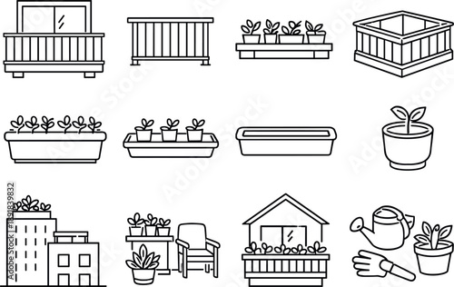 Line style icons of balcony gardening set: balcony, railing, ledge, corner; planter, box, tray, pot; urban, smallspace, home,