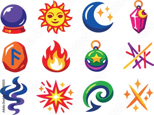 Two-Color Divination Icons. Two-Color vector icons of divination tools: polished sphere, tarot sun, arc moon, charm pendant, rune