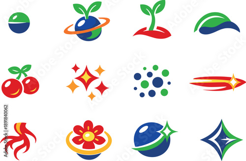 Two-Color vector icons of planetary growth cycles: seed dot, orbit sprout, stem lift, leaf arc, fruit bead, pollen shimmer, dust