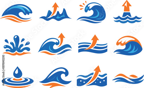 Vibrant Water Energy Icons. Two-Color vector icons of uplifting water energy: rising-swell arc, upward wave pulse, elevated tide