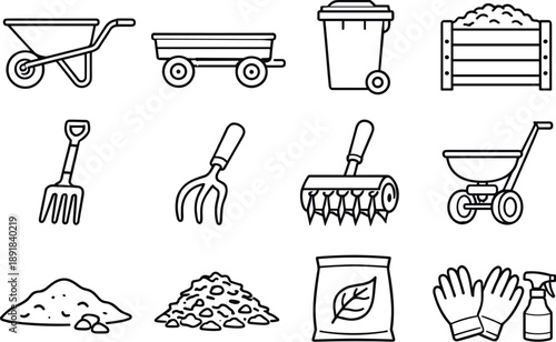 Line style icons of garden maintenance tools: wheelbarrow, cart, bin, compost; fork, cultivator, aerator, spreader; soil, mulch,