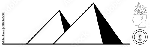 Two pyramids with sharp geometric lines, complementary icons depicting creative thought, innovation, and flourishing imagination. Ideal for mental growth, art, innovation, minimalism, exploration