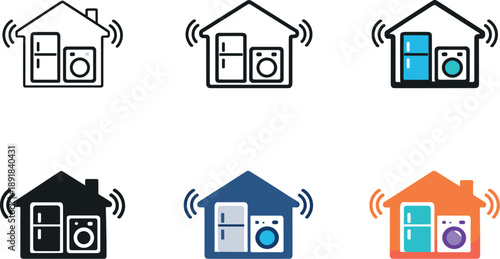 Domestic automation symbol portraying a home with integrated appliances like a fridge and washing unit, enhanced by gentle