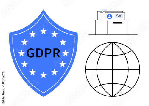 GDPR compliance. GDPR shield icon data safety, personal file privacy regulations, global connectivity international data exchange. For cybersecurity, data governance, digital privacy, legal