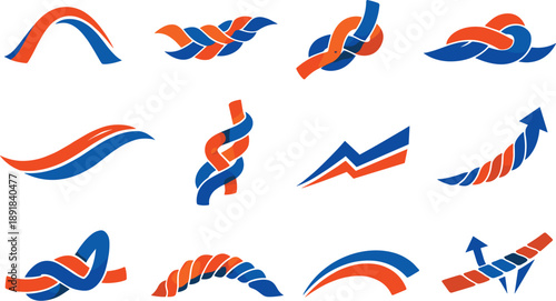 Uplifting Knot Icons. Two-Color vector icons of uplifting knot energy: rising loop arc, elevated braid line, upward rope curve,