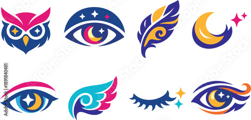Fantasy Night Icons. Two-Color vector icons of imaginative night creatures: fantasy owl crest, cosmic-eye arc, dreamy feather line