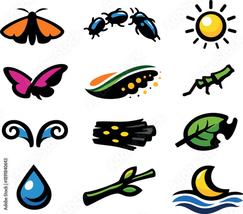Nocturnal Insect Icons. Two-Color vector icons of nocturnal insects: moth silhouette, beetle arc, firefly glow dot, night