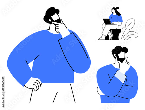 Thinking concept. individuals in thoughtful poses and working with technology, creativity and problem-solving. Thinking encourages innovation and analysis. For education, business, creativity