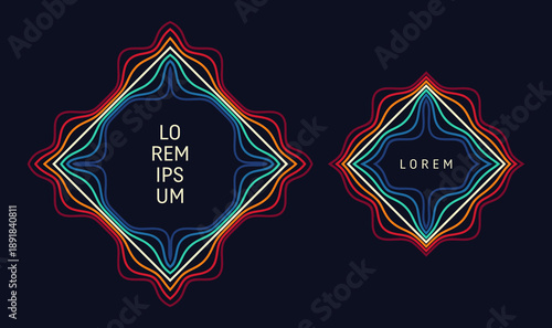 A colorful frame composed of multiple multicolored lines. Diamond shape. Glow effect. Neon stripes. Vector for a brochure, poster, cover, postcard, flyer, banner, advertisement, or presentation.