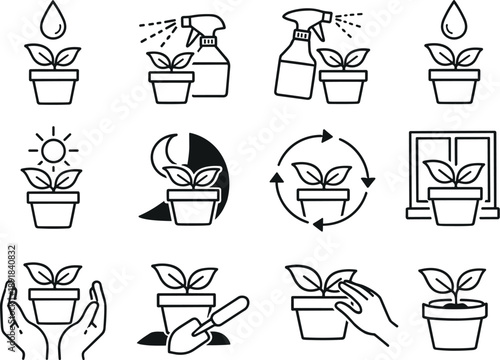 Line style vector icons of Houseplant care icons: water, mist, spray, drip; sunlight, shade, rotate, window; care, nurture, tend,