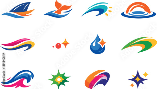 Vibrant Aquatic Icons. Two-Color vector icons of aquatic motion: fin slice, tail streak, curve dash, ripple arc, contour tilt,