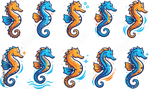 Two-Color vector icons of marine silhouettes: seahorse form, fin tilt, snout point, tail curl, contour dash, tiny bead, scale