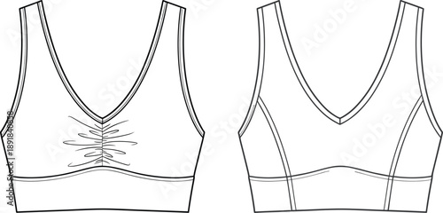 Technical sketch of two sports bra designs — ruched and contoured styles for activewear fashion, garment construction, and product development illustrations