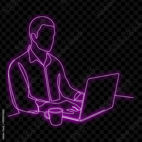 Neon Line Art Businessman Working On Laptop With Coffee, Digital Illustration