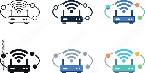 Global online access idea illustrating a wireless signal hovering above a simple router and circular connection points, displayed