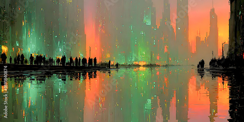 A surreal, futuristic cityscape at dusk with towering skyscrapers glowing in neon hues, crowds of silhouetted people, and vivid reflections mirrored on a wet street surface.