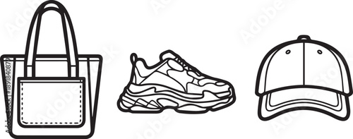 Tote bag shoe and baseball cap line art fashion accessories set