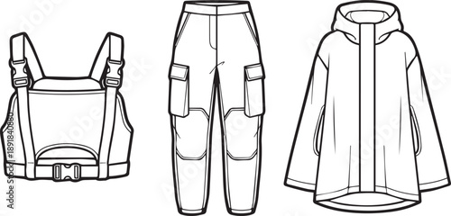 Techwear clothing set with rear view chest harness cargo pants and hooded windbreaker top