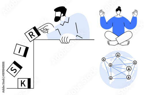 Risk management, mindfulness, networking, balance, resilience, personal growth. A man blocks falling risk blocks, a person meditates and a global network connects individuals. Risk management