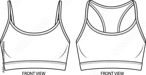 Technical sketch of two sports bra designs — tank and racerback styles for activewear fashion, garment construction, and product development illustrations