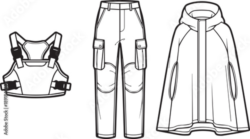 Utility wear collection featuring tactical chest rig cargo pants and hooded rain poncho