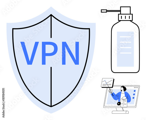 VPN concept. VPN security protects online data and personal privacy. VPN ensures safe communication in a healthcare or digital environment. For cybersecurity, remote work, healthcare, education