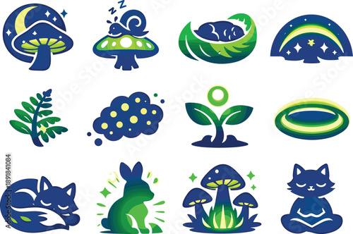Two-Color vector icons of dreamy nocturnal fungi related to the glowing mushroom theme: moonlit mushroom, dozing snail, curled