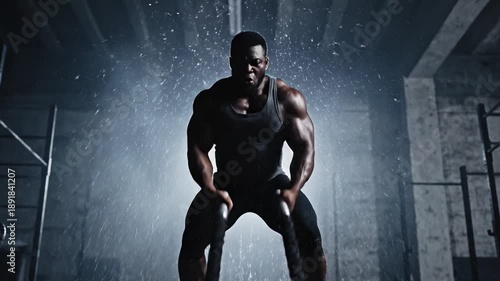 Muscular man performs intense battle rope exercise with water splashes. Gritty atmosphere highlights strength and determination. Ideal for fitness marketing and motivational content.
