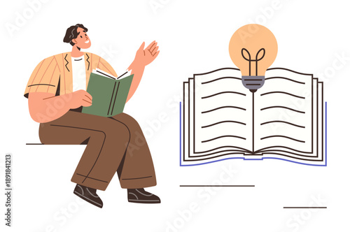 Education, creativity, knowledge sharing, storytelling, innovative thinking, self-improvement. A person reading a book, an open book with a light bulb. Education and creativity concept