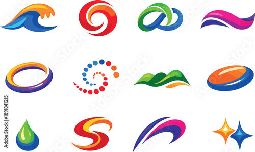 Two-Color vector icons of flowing organic contours: wave crest, arc swirl, curved loop, soft band, ring line, dotted curl, gentle