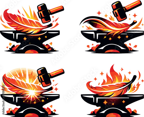 Two-Color vector icons of a blacksmith’s forge crafting a delicate metal feather (synonymic to forged feather on anvil): heated