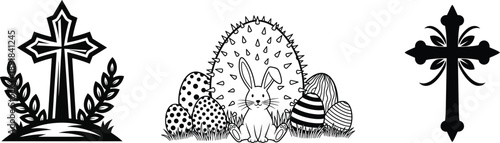 Easter sunday celebration silhouette cross bunny and floral decorations