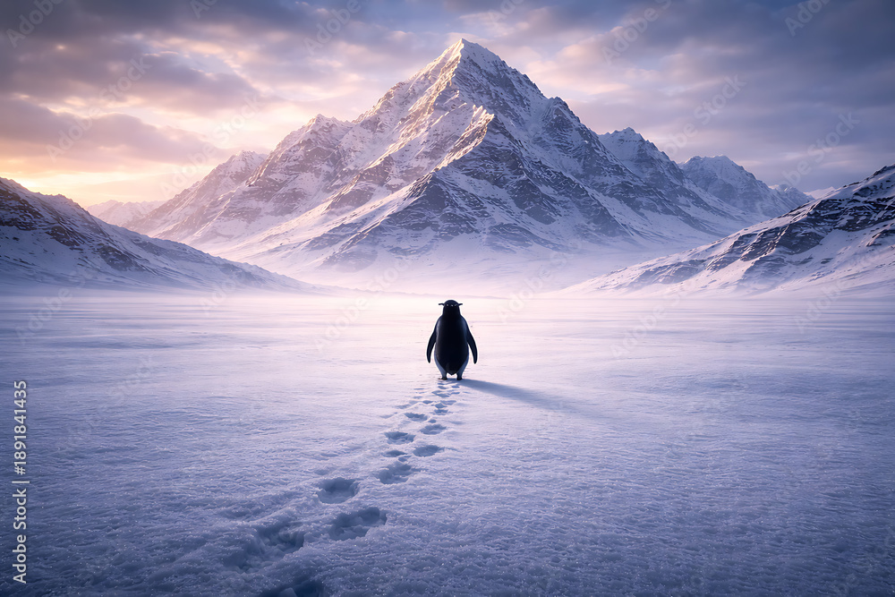 custom made wallpaper toronto digitalSolitary Journey: A single penguin traverses a vast, snow-covered landscape, leaving footprints in the pristine snow under the imposing gaze of a snow-capped mountain range.